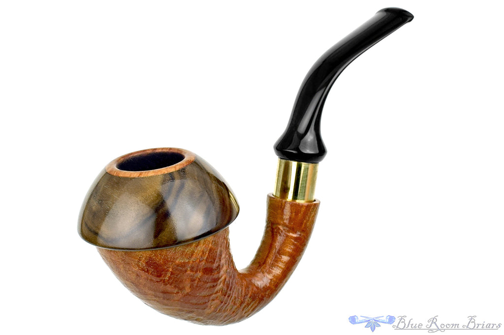 Blue Room Briars is proud to present this Johny Pipes Calabah 2021 Sandblast Calabash with Brass
