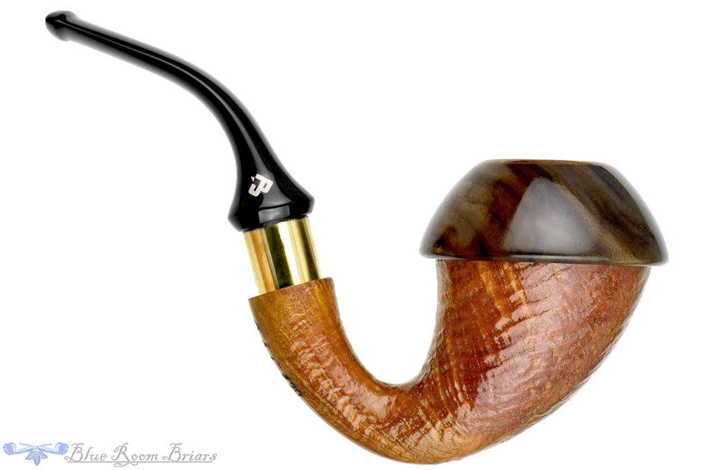 Blue Room Briars is proud to present this Johny Pipes Calabah 2021 Sandblast Calabash with Brass