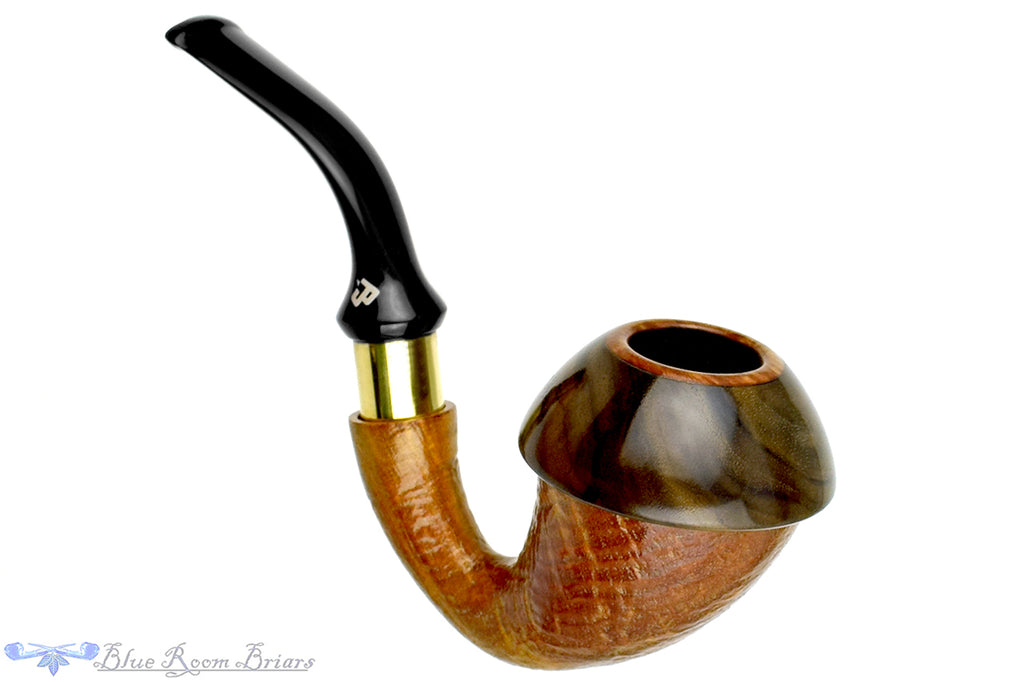 Blue Room Briars is proud to present this Johny Pipes Calabah 2021 Sandblast Calabash with Brass