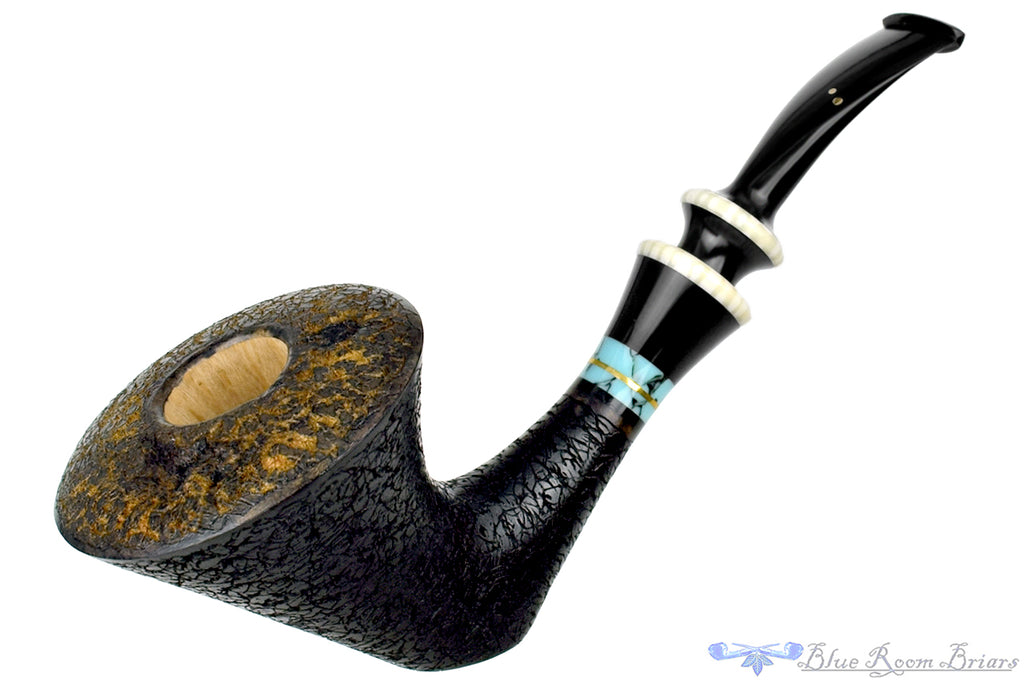 Blue Room Briars is proud to present this Joseph Skoda Pipe Bent Gecko Dublin Sitter with Brass, Turquoise, and Ivorite