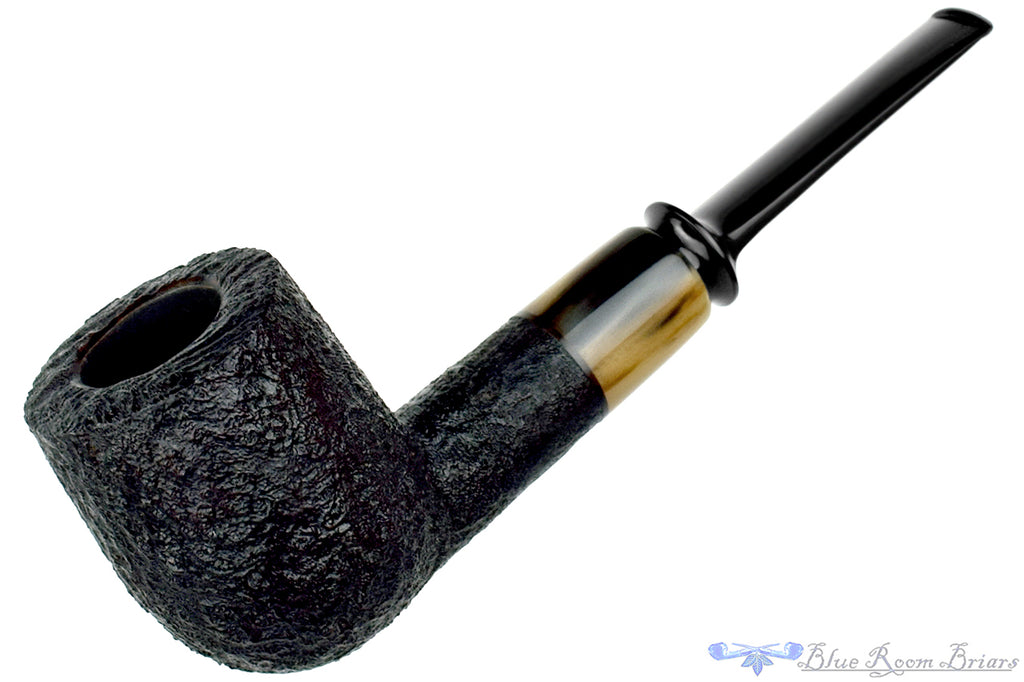 Blue Room Briars is proud to present this Trey Rice Pipe Black Blast Crown Saddle Billiard with Buffalo Horn