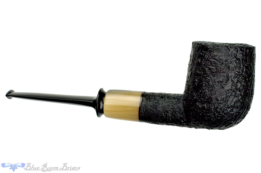 Blue Room Briars is proud to present this Trey Rice Pipe Black Blast Crown Saddle Billiard with Buffalo Horn
