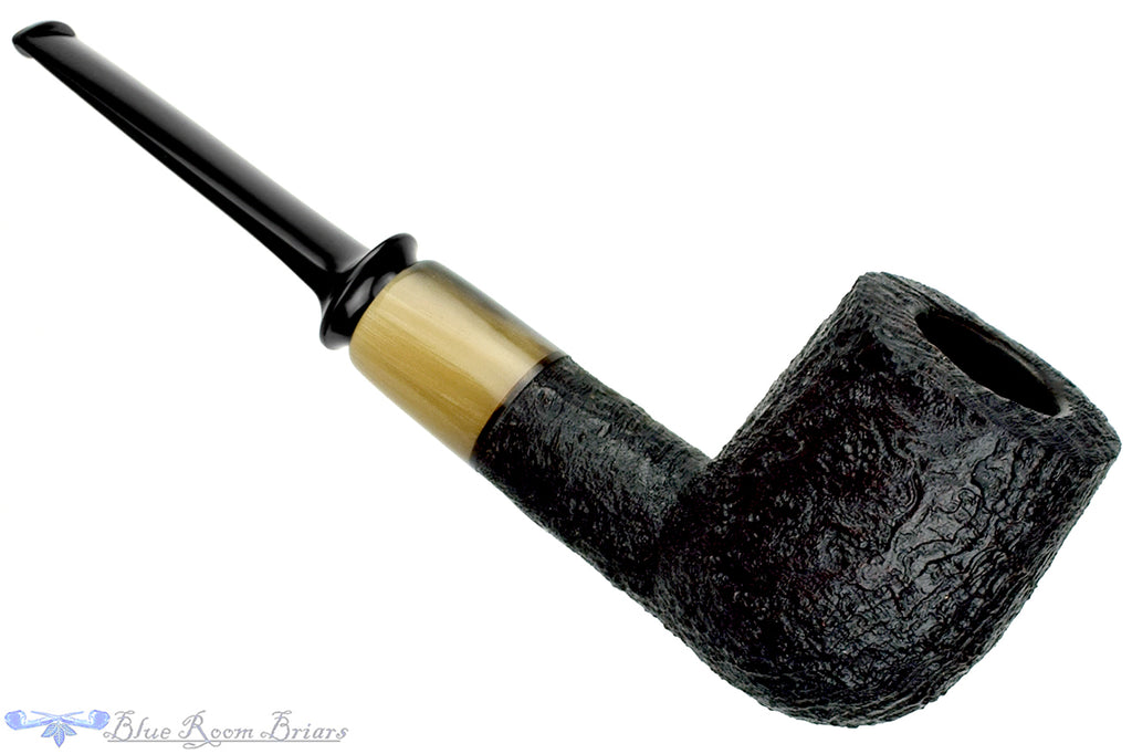 Blue Room Briars is proud to present this Trey Rice Pipe Black Blast Crown Saddle Billiard with Buffalo Horn