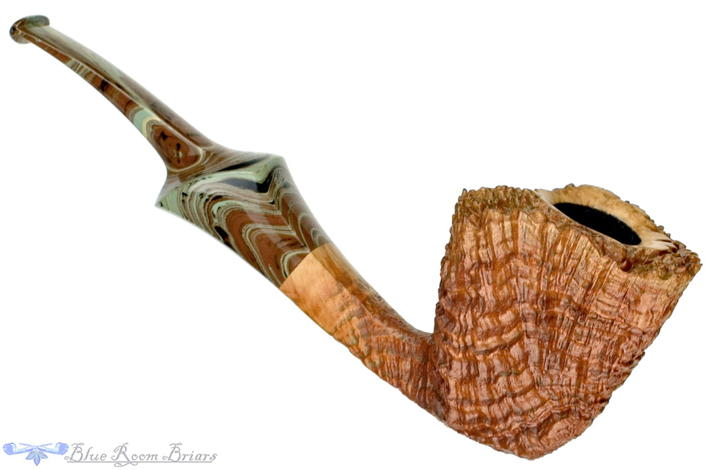 Blue Room Briars is proud to present this Nate King Pipe 679 Bent Ring Blast Paneled Dublin with Brindle and Plateau