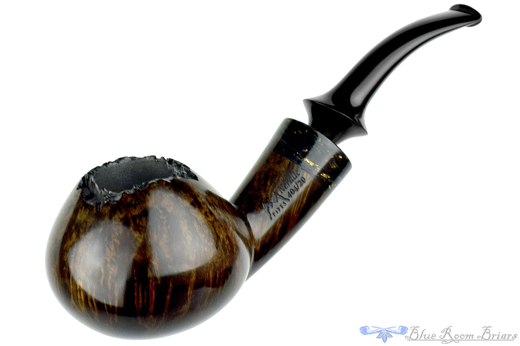 Blue Room Briars is proud to present this Marinko Neralić Pipe Bent Tomato with Carbon Fiber, Gold Flake, and Plateau