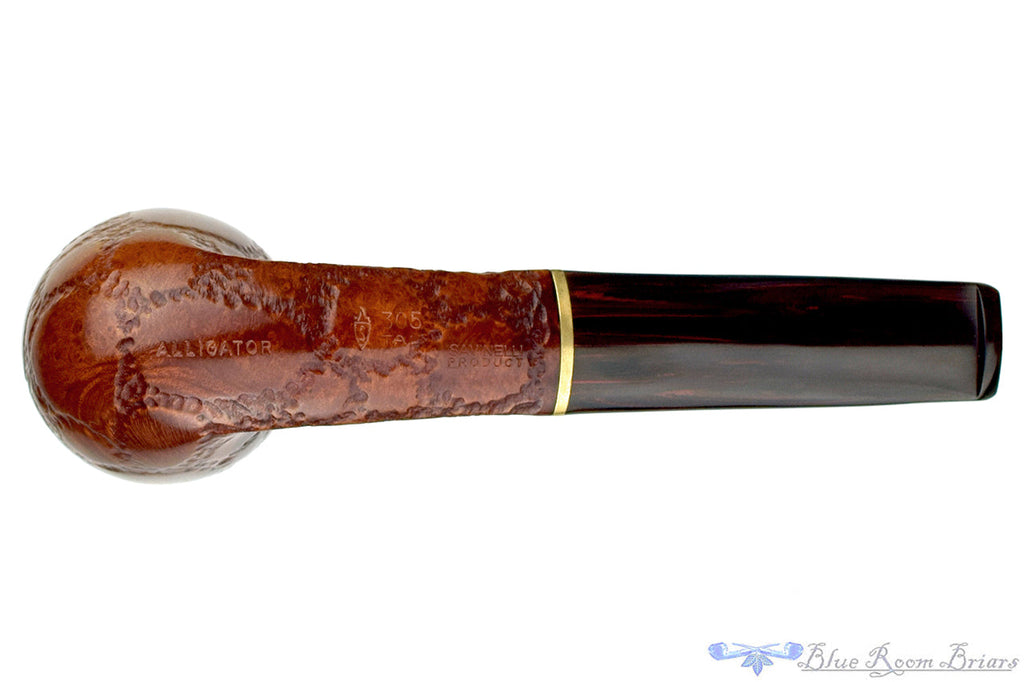 Blue Room Briars is proud to present this Savinelli Alligator 305 Bent Carved Scoop Dublin (6mm Filter) with Brass and Brindle UNSMOKED Estate Pipe