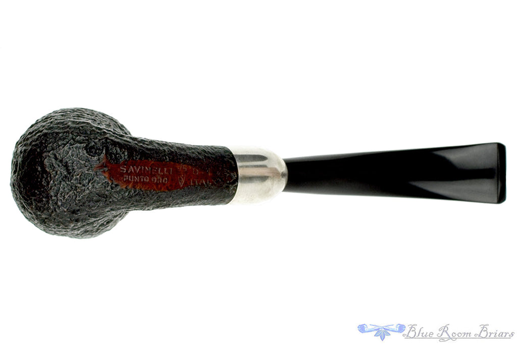 Blue Room Briars is proud to present this Savinelli Punto Oro 611 Bent Sandblast Dublin with Silver and Military Mount Estate Pipe