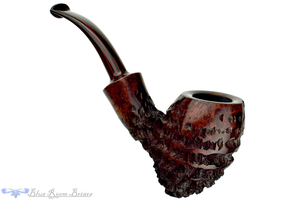 Blue Room Briars is proud to present this Jack Howell Bent Carved Acorn with Brindle Estate Pipe