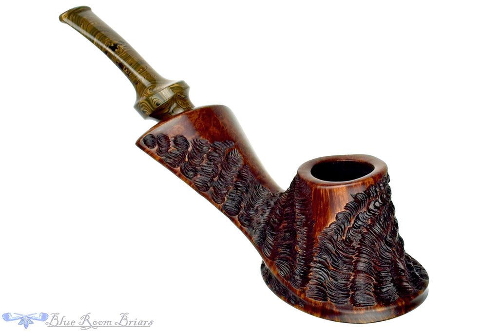 Blue Room Briars is proud to present this C. Kent Joyce Pipe Bent Partial Rusticated Volcano with Brindle