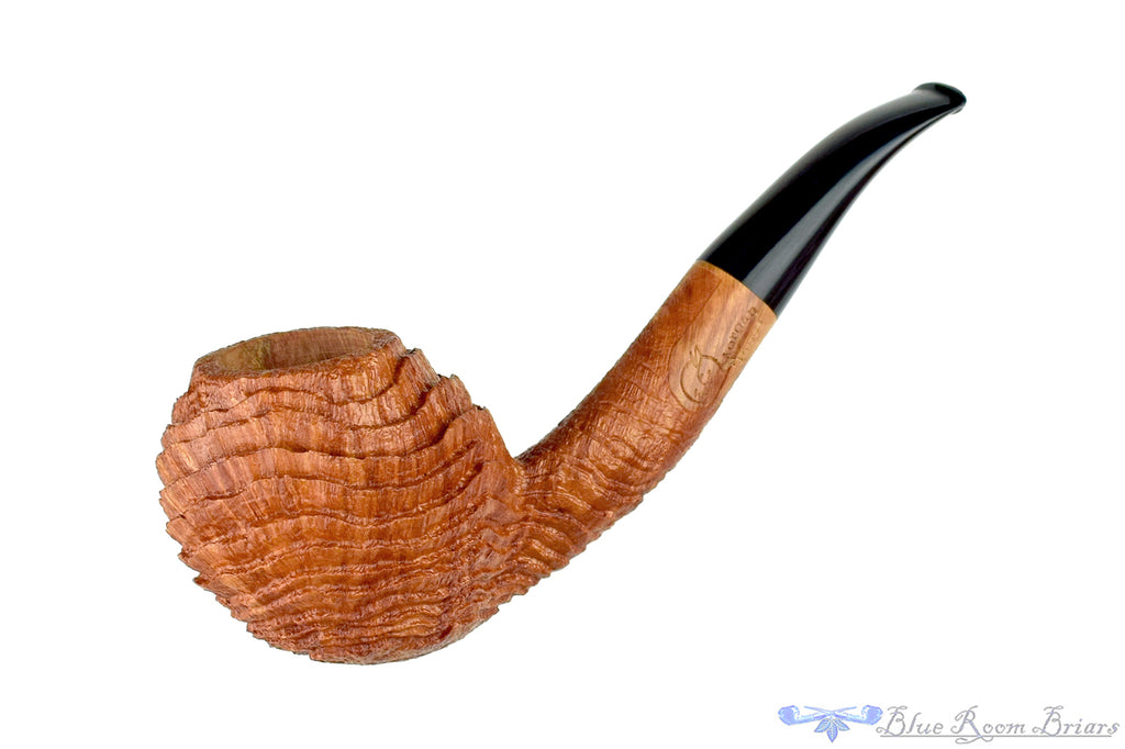 Blue Room Briars is proud to present this Chris Morgan Pipe Bent Sandblast Witches Finger with Brindle