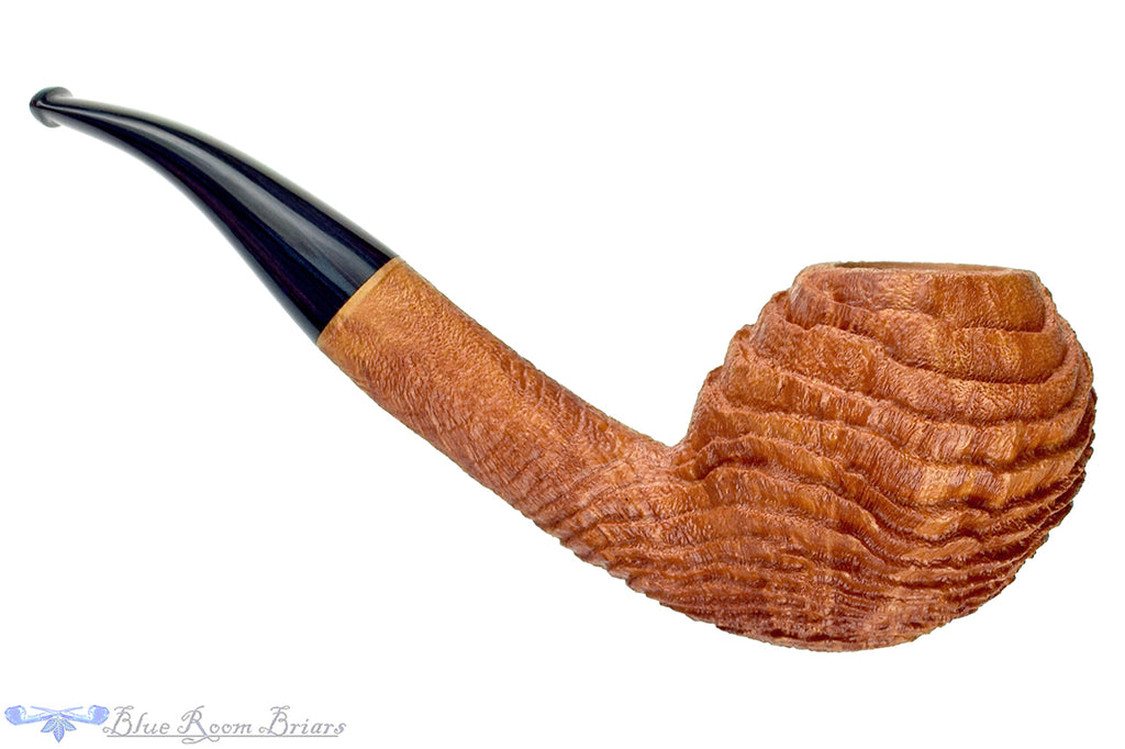 Blue Room Briars is proud to present this Chris Morgan Pipe Bent Sandblast Witches Finger with Brindle