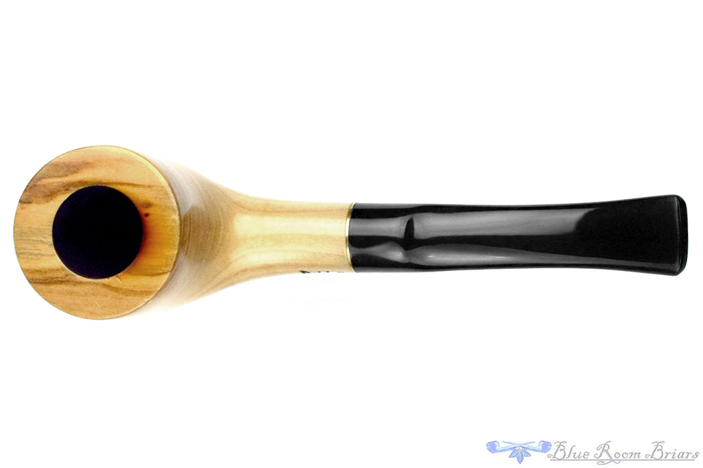 Blue Room Briar is proud to present this Dapper Olivewood Bent Pot (6mm Filter) with Brass Estate Pipe