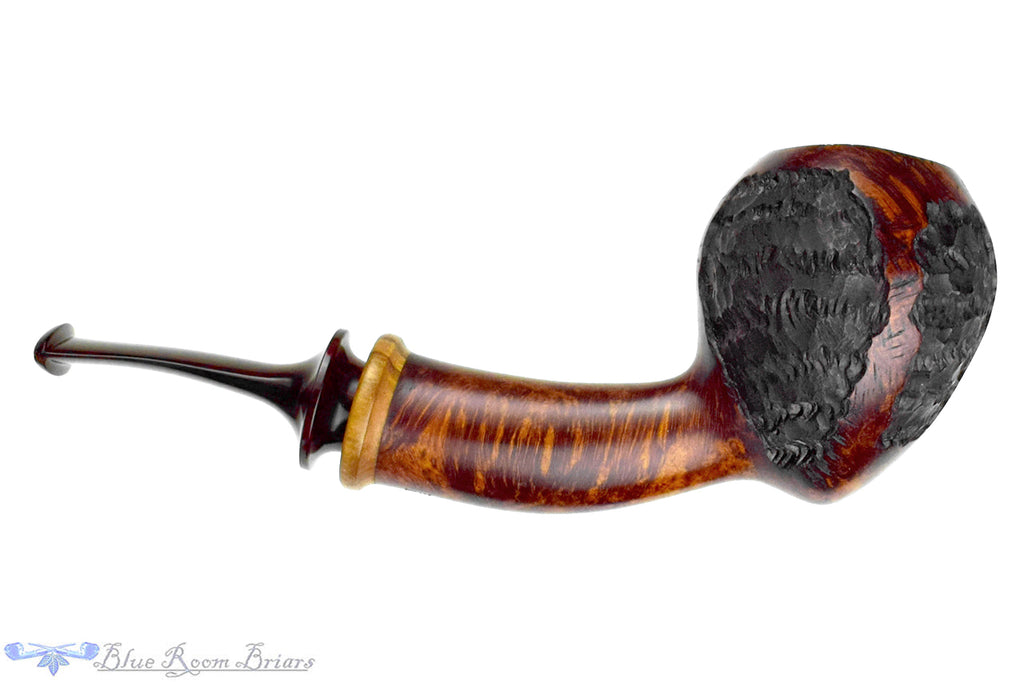 Blue Room Briars is proud to present this C. Kent Joyce Pipe Bent Carved Acorn with Olivewood and Brindle