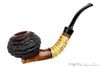Blue Room Briars is proud to present this Nils Frederiksen Pipe A Bent Carved Sandblast Tomato with Bamboo, Brindle and Custom Black and White Ebony and Brass Tamper