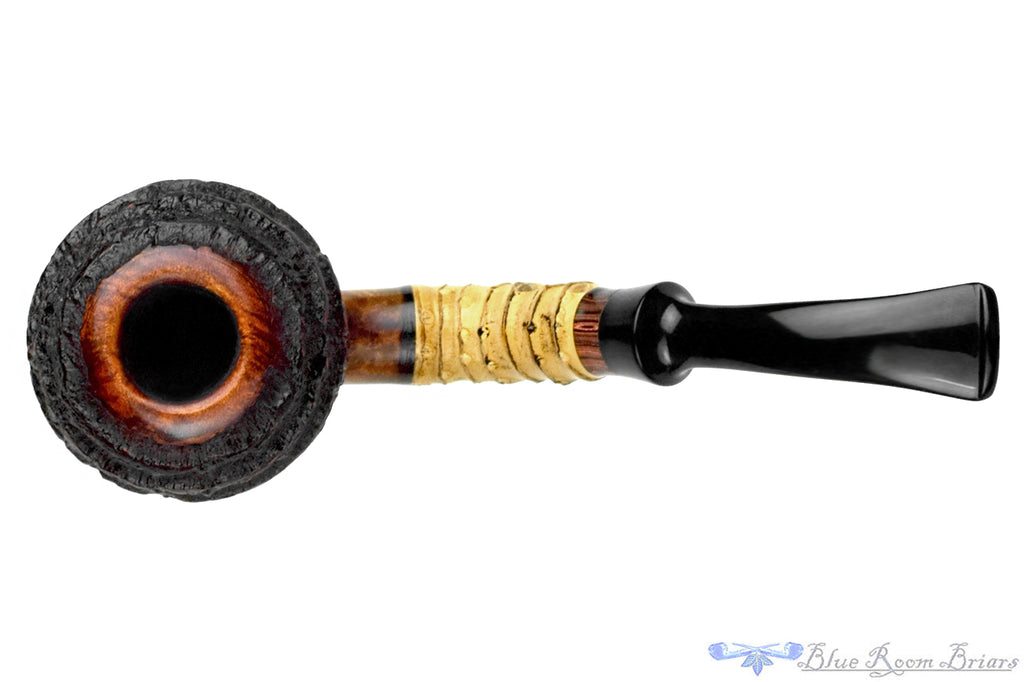 Blue Room Briars is proud to present this Nils Frederiksen Pipe A Bent Carved Sandblast Tomato with Bamboo, Brindle and Custom Black and White Ebony and Brass Tamper