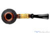 Blue Room Briars is proud to present this Nils Frederiksen Pipe A Bent Carved Sandblast Tomato with Bamboo, Brindle and Custom Black and White Ebony and Brass Tamper