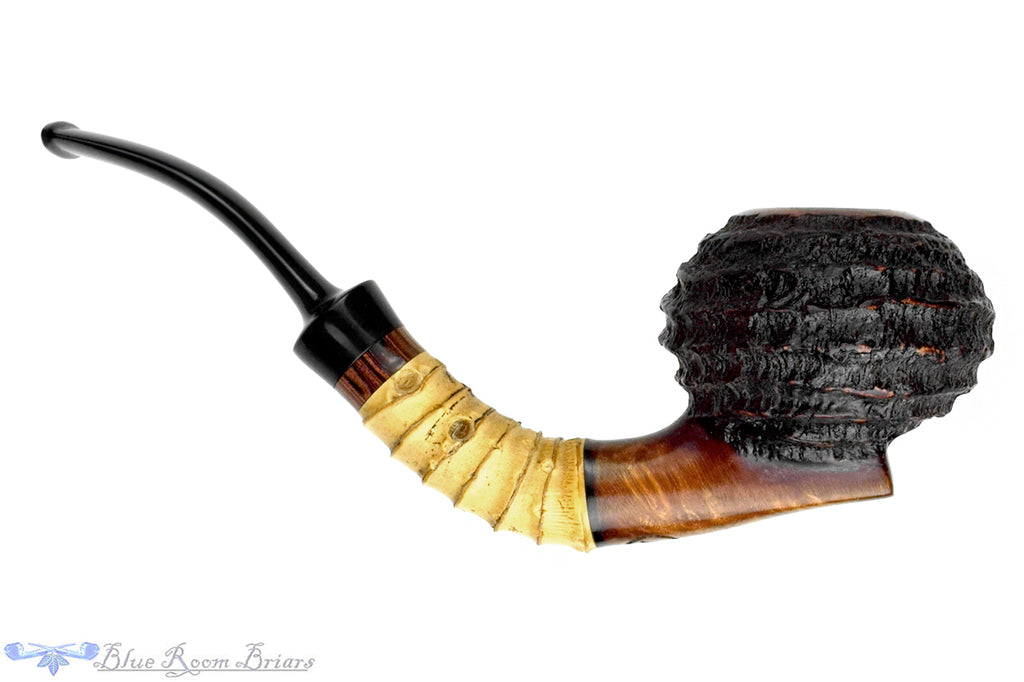 Blue Room Briars is proud to present this Nils Frederiksen Pipe A Bent Carved Sandblast Tomato with Bamboo, Brindle and Custom Black and White Ebony and Brass Tamper