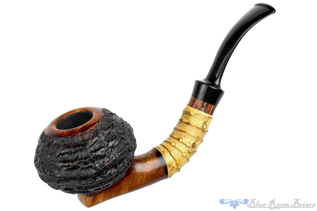 Blue Room Briars is proud to present this Nils Frederiksen Pipe A Bent Carved Sandblast Tomato with Bamboo, Brindle and Custom Black and White Ebony and Brass Tamper