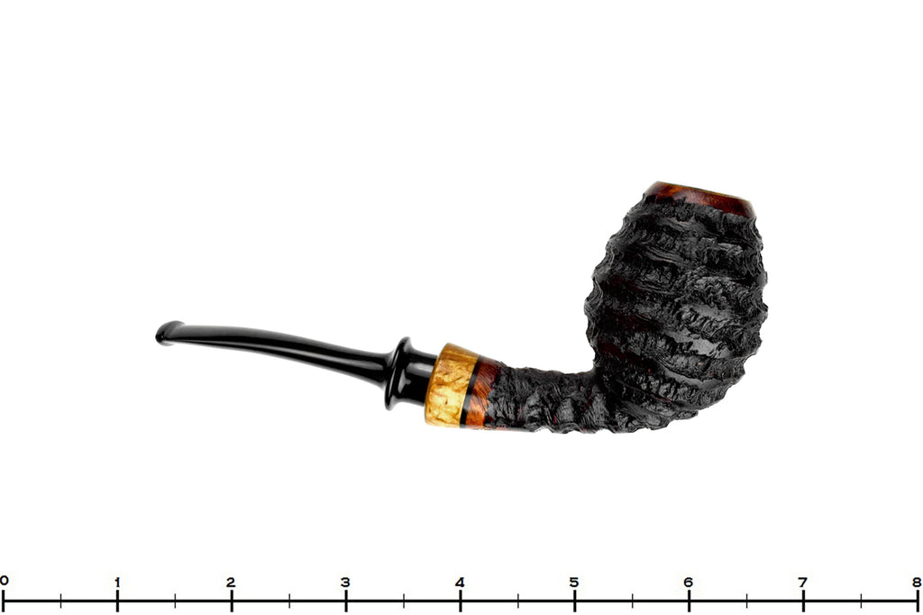 Blue Room Briars is proud to present this Nils Frederiksen Pipe A Bent Carved Sandblast Egg with Maser Birch and Custom Maser Birch and Brass Tamper