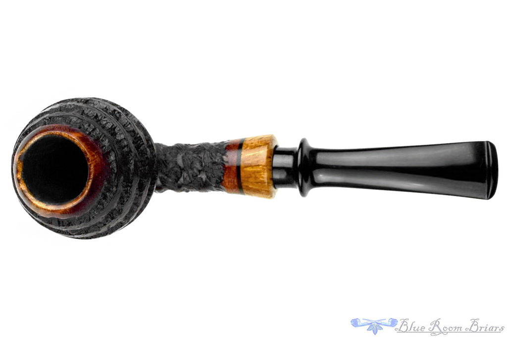 Blue Room Briars is proud to present this Nils Frederiksen Pipe A Bent Carved Sandblast Egg with Maser Birch and Custom Maser Birch and Brass Tamper