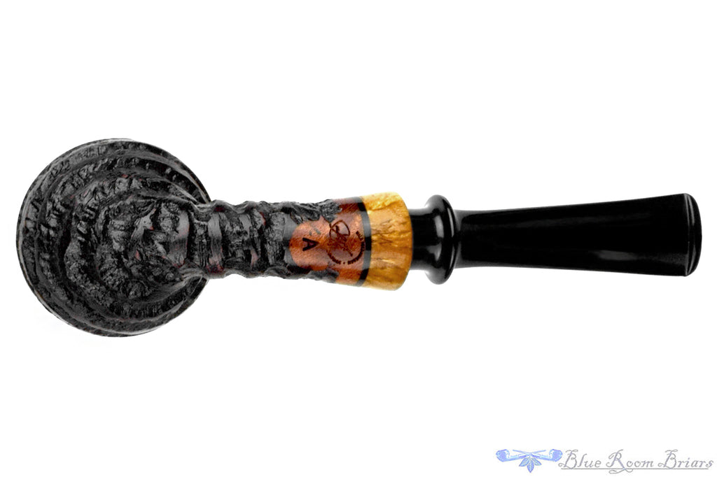 Blue Room Briars is proud to present this Nils Frederiksen Pipe A Bent Carved Sandblast Egg with Maser Birch and Custom Maser Birch and Brass Tamper