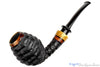 Blue Room Briars is proud to present this Nils Frederiksen Pipe A Bent Carved Sandblast Egg with Maser Birch and Custom Maser Birch and Brass Tamper