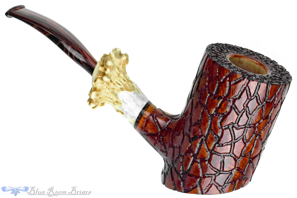 Blue Room Briars is proud to present this Joseph Skoda Pipe Large Bent Carved Poker with Antler and Brindle
