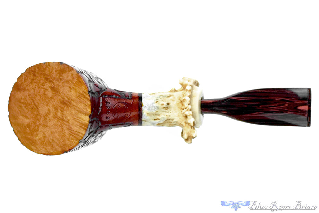 Blue Room Briars is proud to present this Joseph Skoda Pipe Large Bent Carved Poker with Antler and Brindle