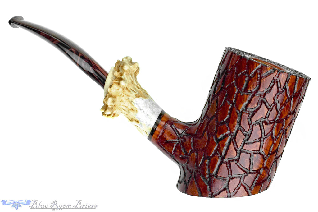 Blue Room Briars is proud to present this Joseph Skoda Pipe Large Bent Carved Poker with Antler and Brindle