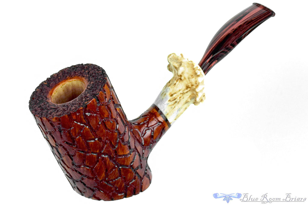 Blue Room Briars is proud to present this Joseph Skoda Pipe Large Bent Carved Poker with Antler and Brindle