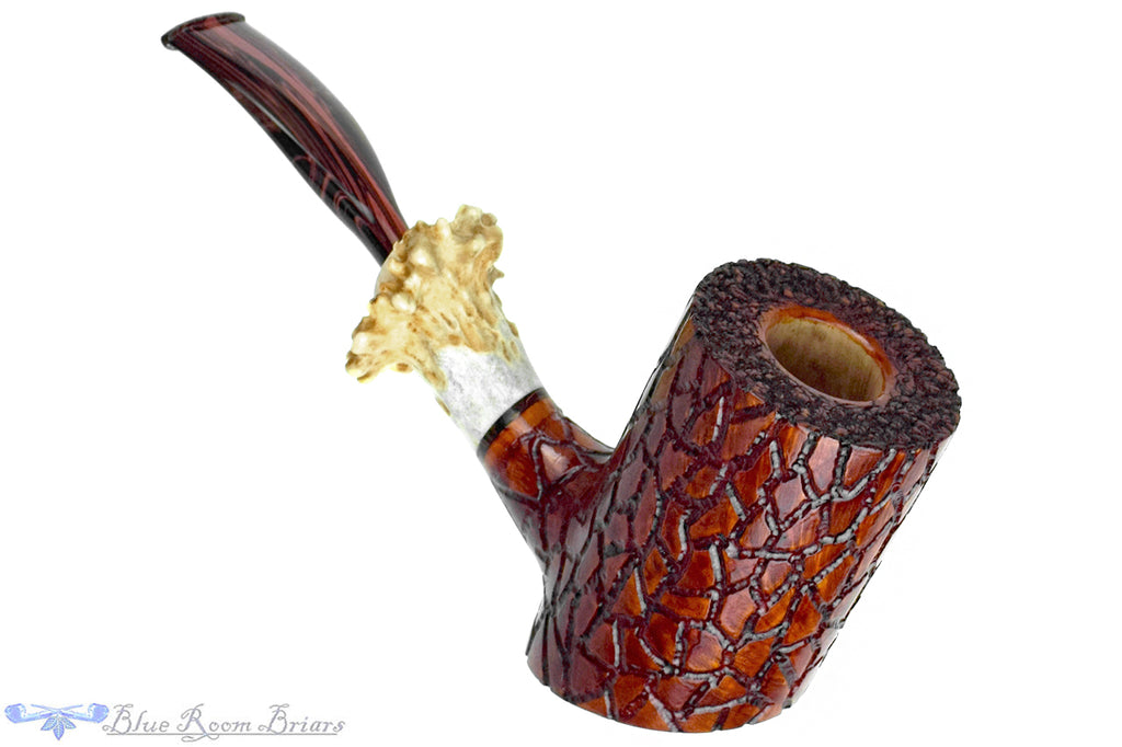 Blue Room Briars is proud to present this Joseph Skoda Pipe Large Bent Carved Poker with Antler and Brindle
