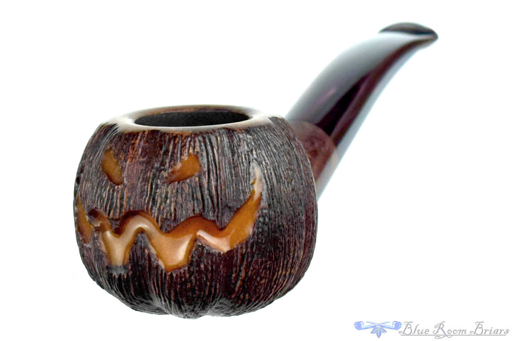 Blue Room Briars is proud to present this Blue Room Briars Pipe 2026 Halloween Bent Carved Glow in the Dark Jack-O'-Lantern