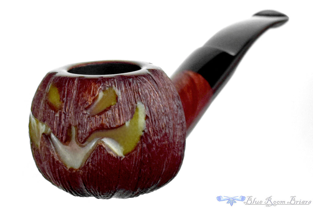 Blue Room Briars is proud to present this Blue Room Briars Pipe 2026 Halloween Bent Carved Glow in the Dark Jack-O'-Lantern