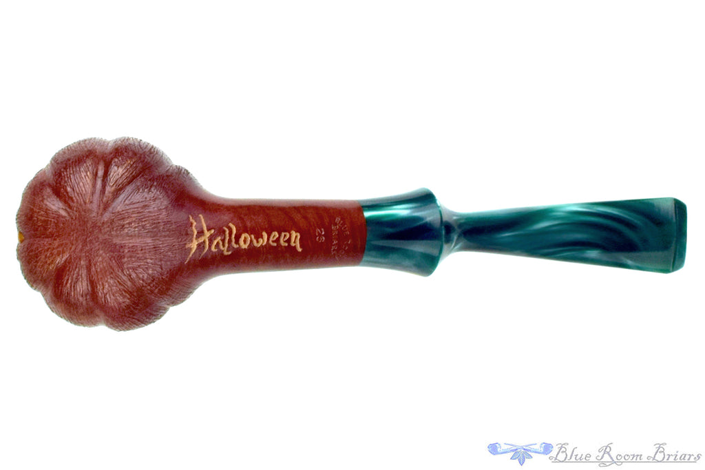 Blue Room Briars is proud to present this Blue Room Briars Pipe 2026 Halloween Bent Carved Glow in the Dark Jack-O'-Lantern