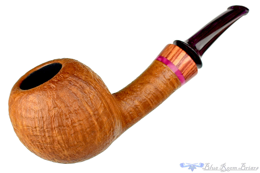 Blue Room Briars is proud to present this Tom Richard Pipe Tan Blast Apple with Rosewood and Purple Brindle