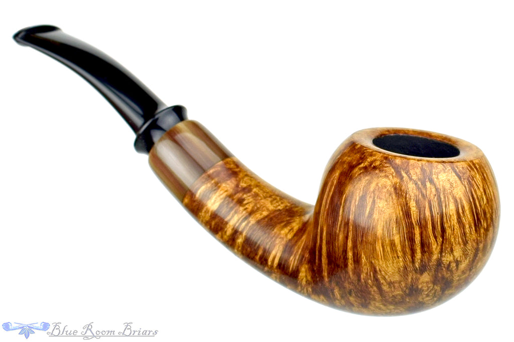 Blue Room Briars is proud to present this Jerry Crawford Pipe Tiger Striped Danish Apple with Asian Ox Horn