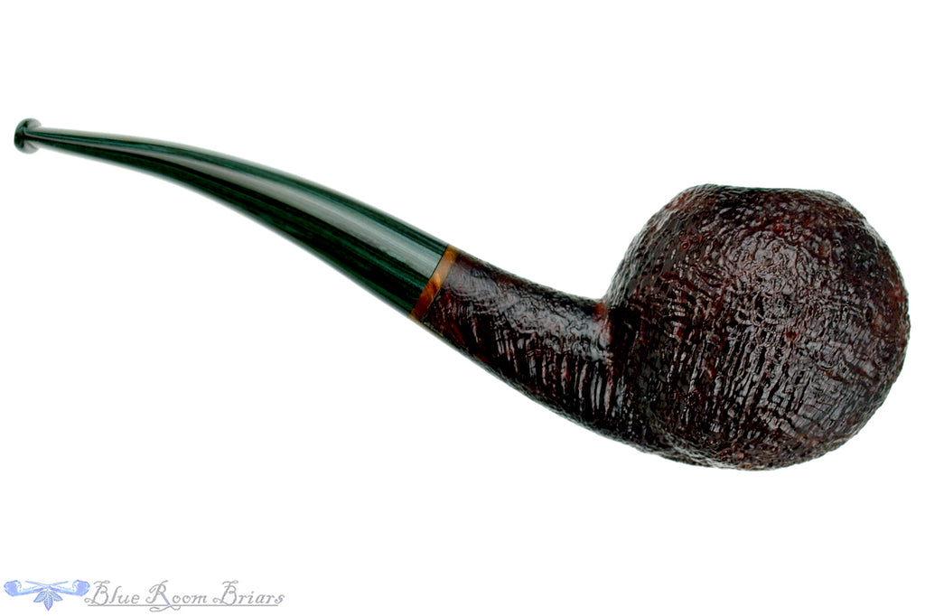 Blue Room Briars is proud to present this Todd Harris Pipe 1/4 Bent Sandblast Tomato with Jade Brindle