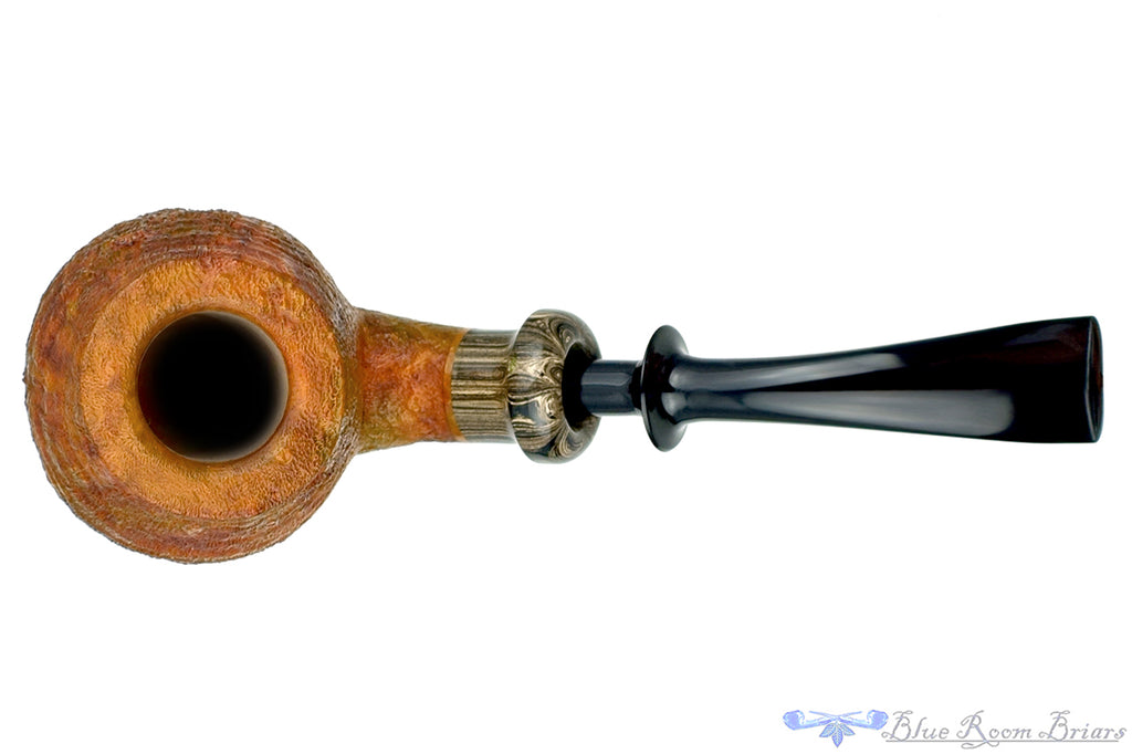 Blue Room Briars is proud to present this Ron Powell Pipe 1/4 Bent Tan Blast Brandy with Sand Brindle Ebonite Ferrule