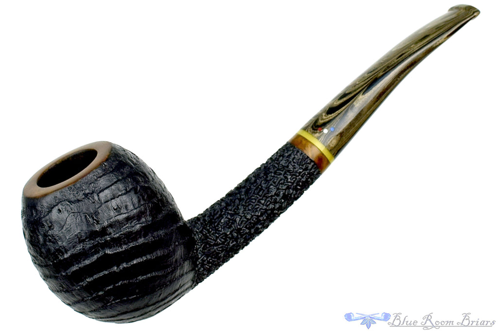 Blue Room Briars is proud to present this Dr. Bob Pipe (PPP) Large Bent Carved and Partial Blast Apple with Acrylic and Brindle