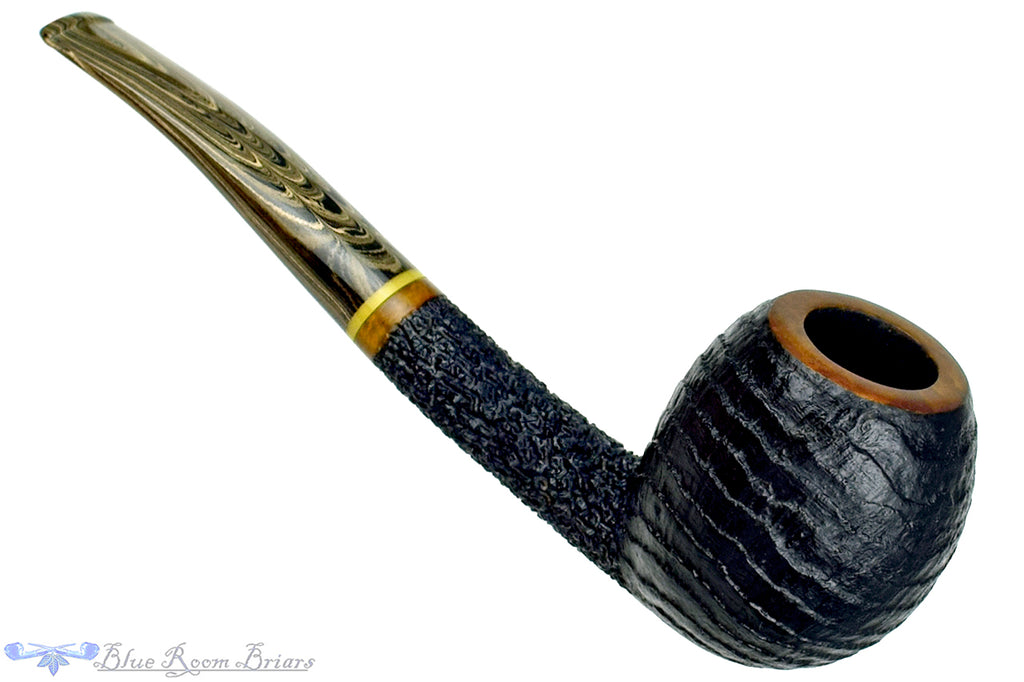 Blue Room Briars is proud to present this Dr. Bob Pipe (PPP) Large Bent Carved and Partial Blast Apple with Acrylic and Brindle
