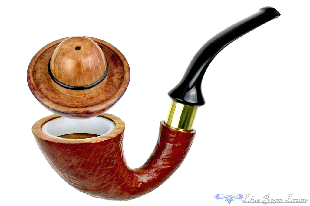 Blue Room Briars is proud to present this Johny Pipes Calabah 2021 Sandblast Calabash with Brass