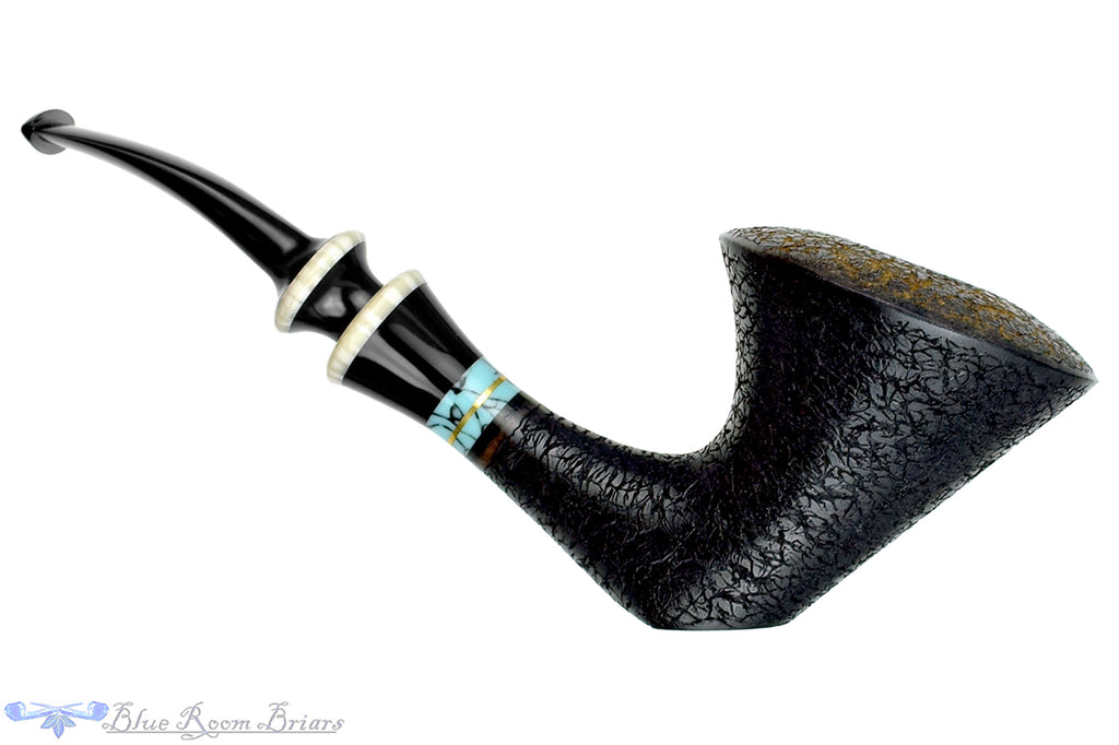 Blue Room Briars is proud to present this Joseph Skoda Pipe Bent Gecko Dublin Sitter with Brass, Turquoise, and Ivorite