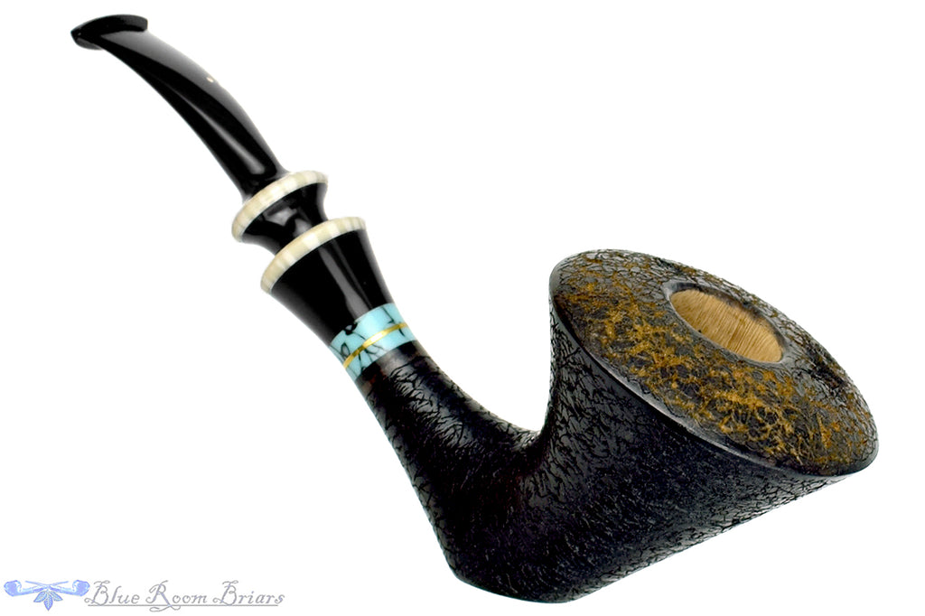Blue Room Briars is proud to present this Joseph Skoda Pipe Bent Gecko Dublin Sitter with Brass, Turquoise, and Ivorite