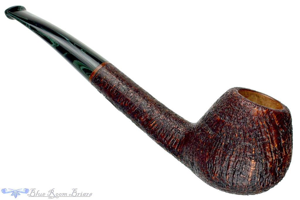 Blue Room Briars is proud to present this Bill Walther Pipe Bent Sandblast Oval Shank Cognac with Green Brindle