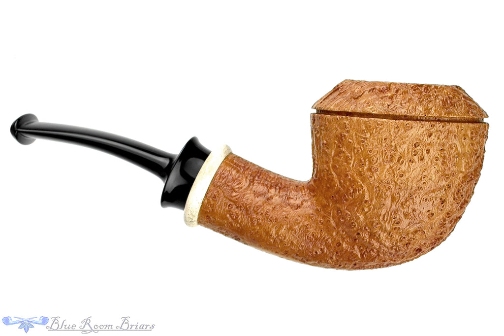 Blue Room Briars is proud to present this Bill Shalosky 619 Bent Tan Blast Rhodesian with Camel Bone