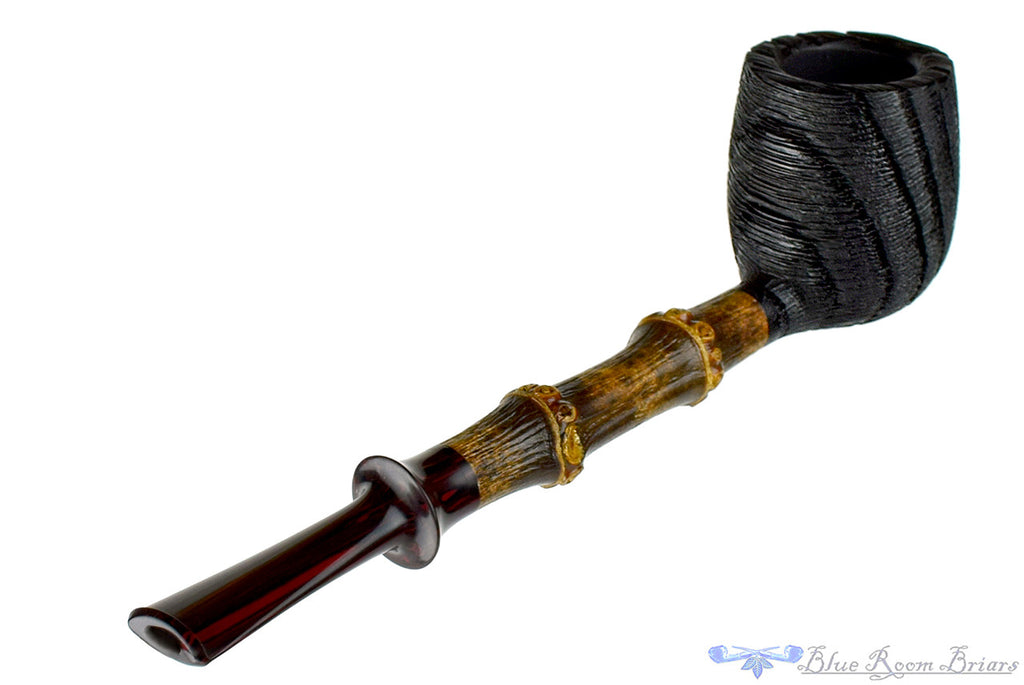Blue Room Briars, Jesse Jones Pipe Morta Billiard with Dark Bamboo, artisan, 2 knuckle, two knuckles, brown bamboo, natural bamboo, bamboo shank, crown stem, brindle stem, saddle, saddle stem, us, usa, united states, made in the usa, straight, production pipe, factory pipe, budget pipe, briar, briar pipe, tobacco pipe, wood pipe, wooden pipe, briar-pipe, smoking pipe, smoking hobby, ebonite, vulcanite, pipe stem, pipe mortise, stem, mortise, button, draft hole, grain, estate pipe, estate, refurbished, used 