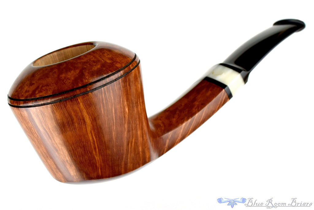Blue Room Briars, Charl Goussard Pipe 1/8 Bent Bulldog with Kudu Horn, smooth pipe, straight grain, kudo horn, saddle, saddled stem pipe, south african, south africa, bulldog, faceted shank, artisan