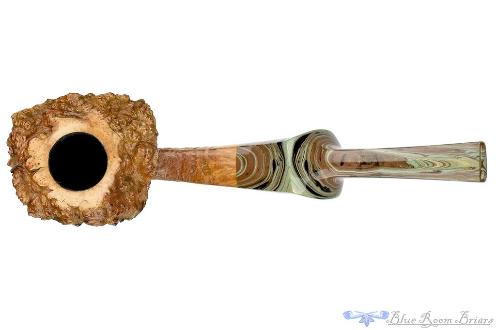 Blue Room Briars is proud to present this Nate King Pipe 679 Bent Ring Blast Paneled Dublin with Brindle and Plateau