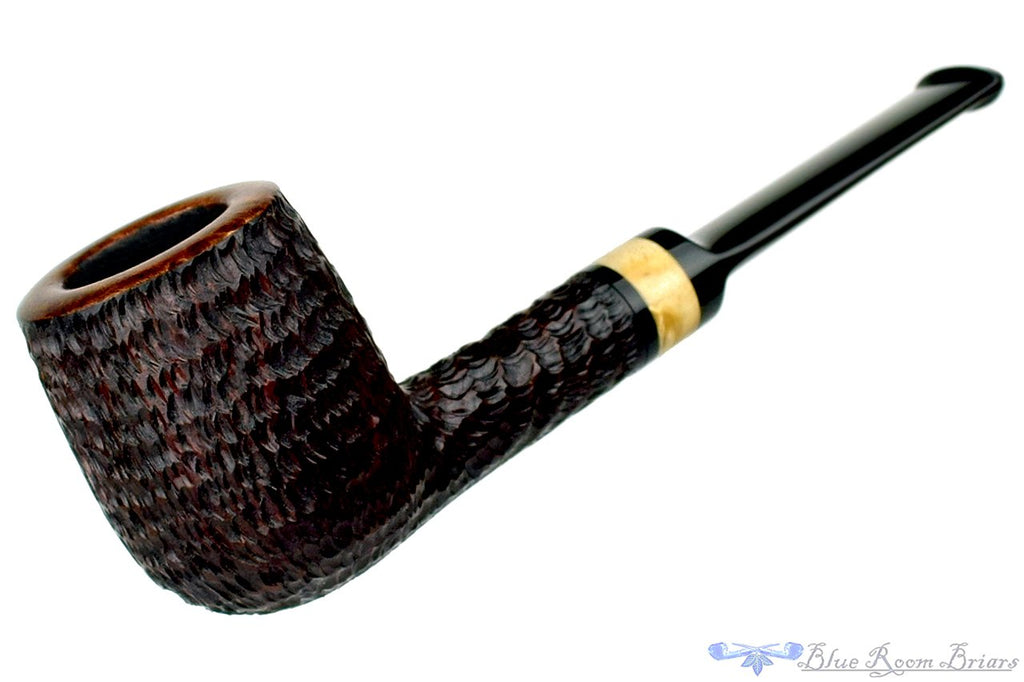 Blue Room Briars is proud to present this Brian Madsen Pipe Rusticated Billiard with Box Elder Burl Insert