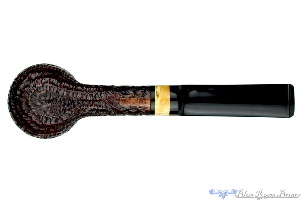 Blue Room Briars is proud to present this Brian Madsen Pipe Rusticated Billiard with Box Elder Burl Insert